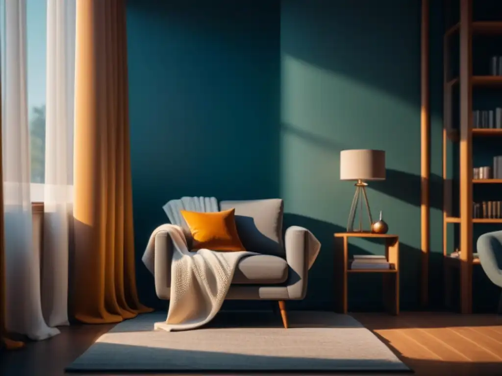 Rincón acogedor y minimalista: sillón, manta y libros Descanso estratégico en casa: Rincón acogedor con silla, manta, té y libros, iluminado por cálida luz solar