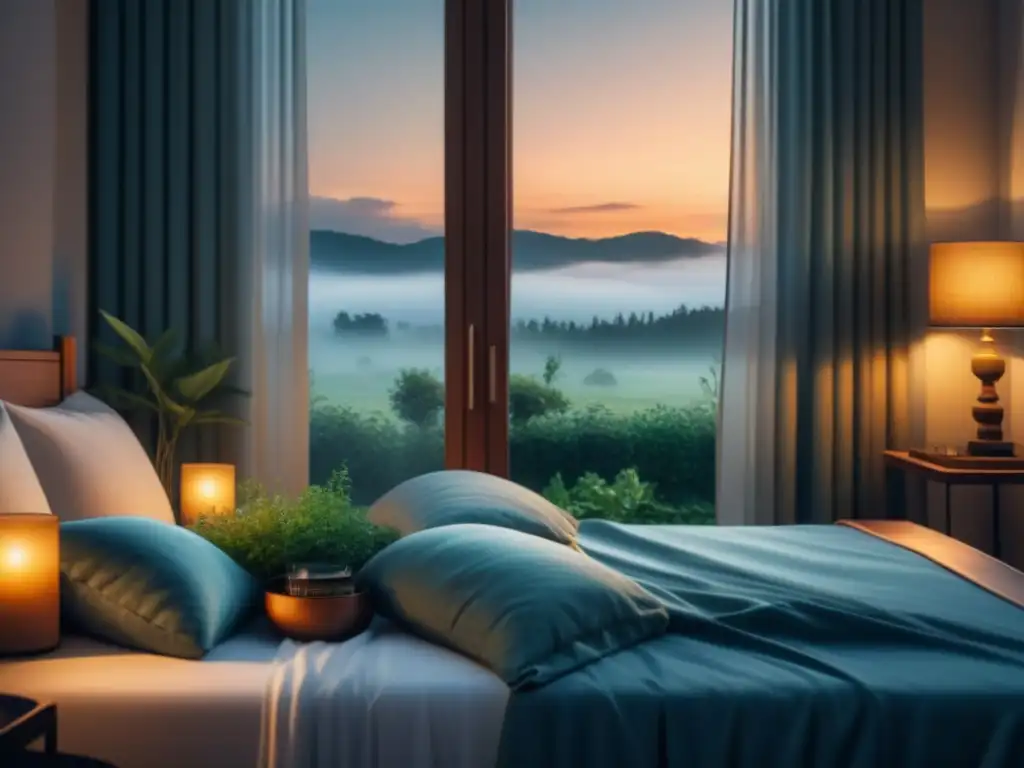 Dormitorio sereno y relajante para promover el sueño reparador Descanso pleno en dormitorio sereno de noche con luz de luna, promoviendo la relajación y las técnicas de respiración para insomnio