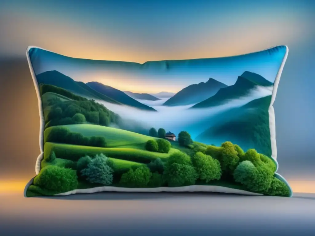 Pillow personalizado con bordado de paisaje sereno en tonos suaves Detallada almohada personalizada de lujo con bordado de paisaje sereno en tonos relajantes