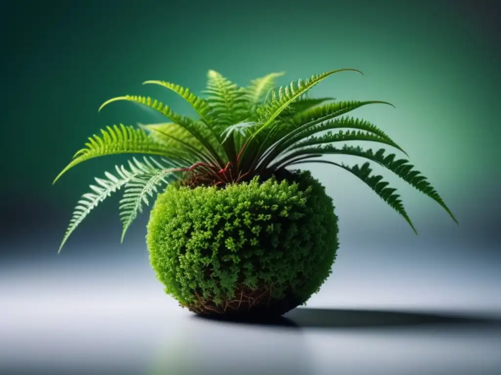 Detallada decoración con kokedamas en casa: helecho verde vibrante en kokedama colgante, iluminado suavemente