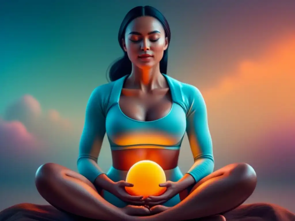 Armonía interior: ilustración minimalista de meditación Ilustración detallada de una figura serena practicando respiración diafragmática para relajación, rodeada de una suave luz