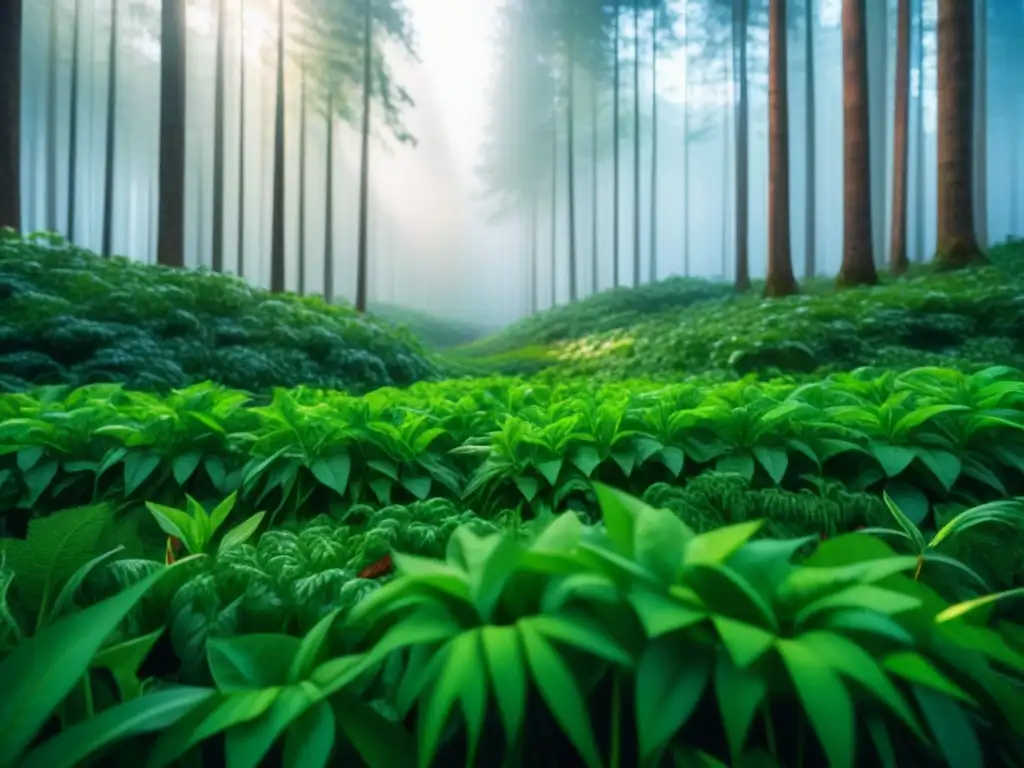 Bosque verde sereno con hojas de vegetales en ilustración Ilustración detallada y minimalista de un bosque verde sereno y exuberante, con hojas de verduras integradas sutilmente