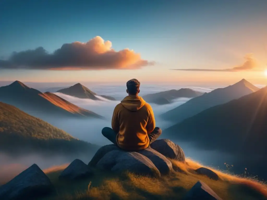 Ilustración detallada y minimalista de una persona meditando en la cima de una montaña al amanecer, irradiando calma y determinación