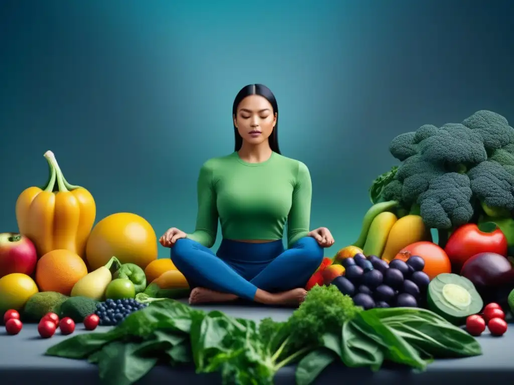 Serena meditación: persona rodeada de frutas y verduras calmantes Ilustración detallada y minimalista de persona serena rodeada de frutas y verduras coloridas