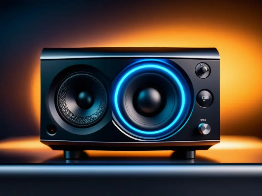 Detalle del altavoz de alta fidelidad con patrones de ondas sonoras iluminados por LEDs, ideal para sonido ambiental en hogar