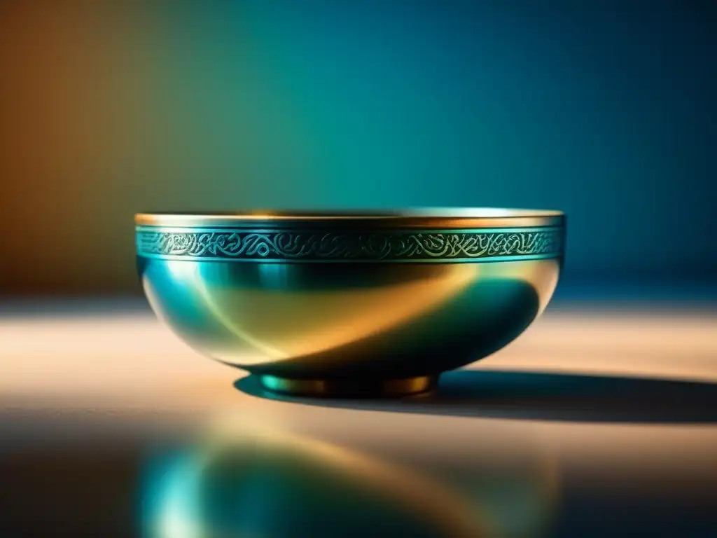 Armonía en detalle: Cuenco tibetano reflejando serenidad Detalle artesanal de un cuenco tibetano en superficie reflectante, tonos relajantes