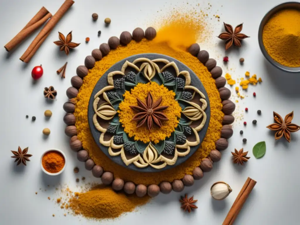 Arte Ayurvédico: Mandala de Especias Vibrantes Detalle de mandala de especias ayurvédicas vibrantes, simbolizando equilibrio y salud holística
