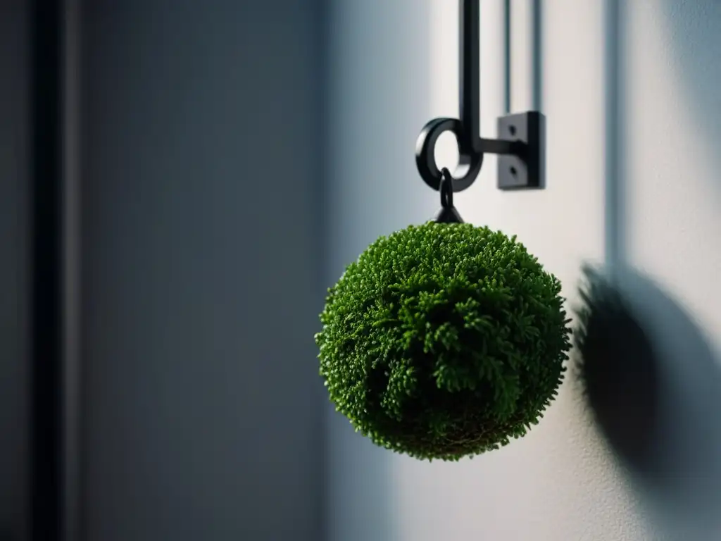 Decoración con kokedamas en casa: Detalle de un helecho kokedama verde vibrante suspendido en un gancho negro sobre pared blanca