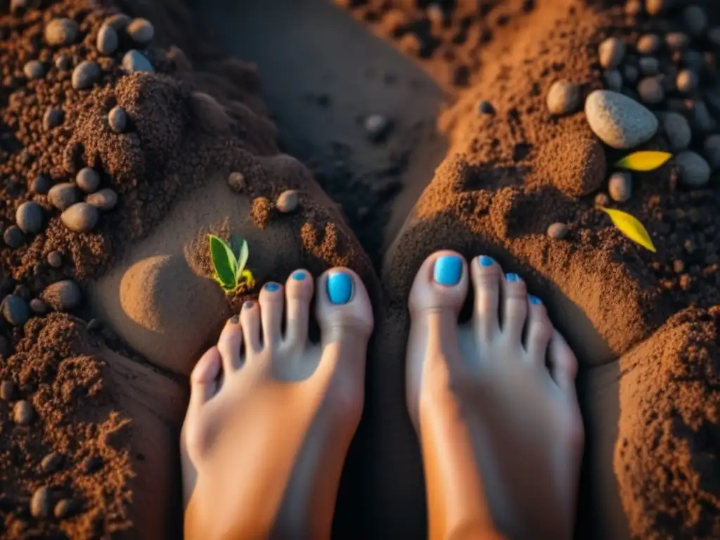 Textura de la tierra bajo los pies descalzos: conexión y serenidad Detalles de pies descalzos en tierra fértil, conectando con técnicas de Earthing en Casa