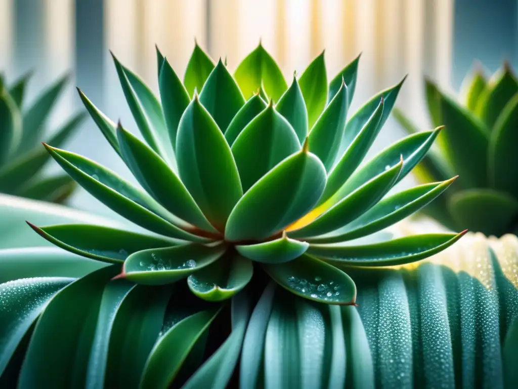 Suculenta verde con rocío, luz suave y detalle exquisito Detalles de una suculenta verde con gotas de agua, luz suave a través de cortina blanca