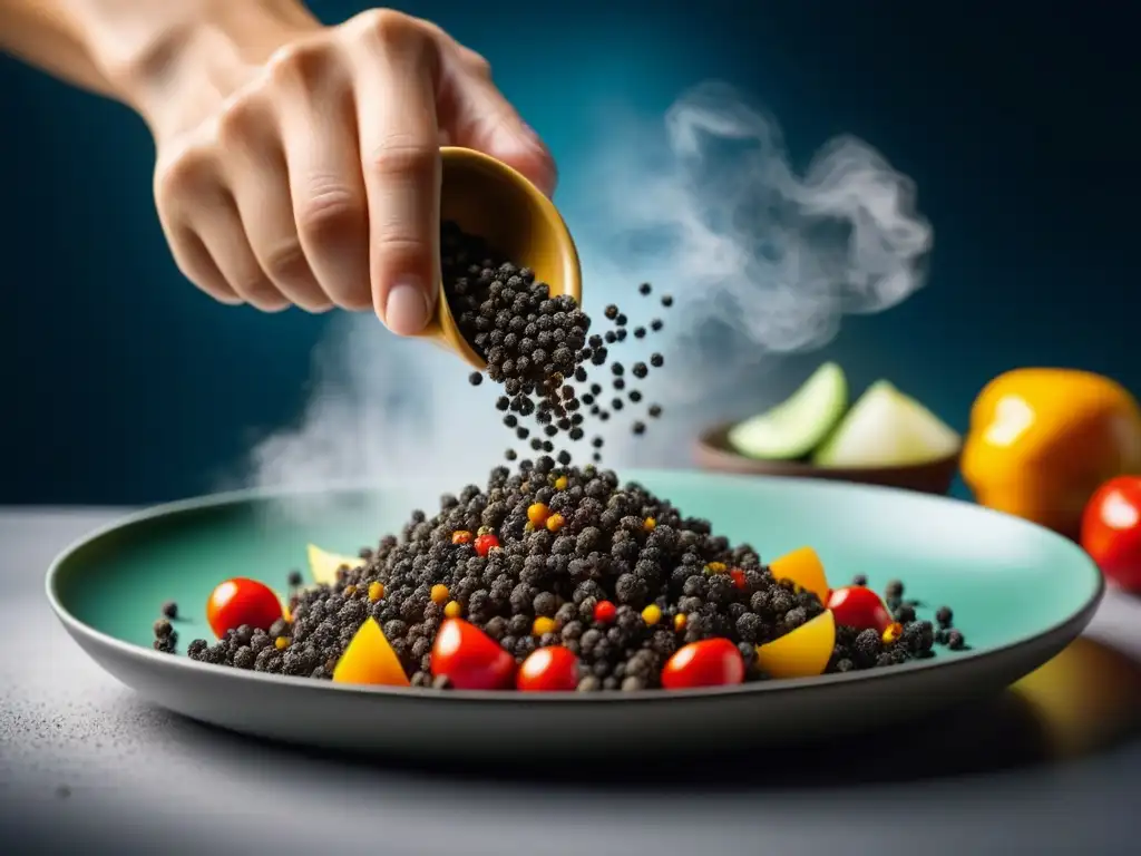 Delicada lluvia de pimienta negra sobre plato vibrante Detalles vibrantes de pimienta negra esparcida sobre un plato colorido