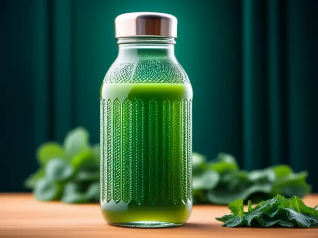 Detox de lujo: Botella de vidrio con jugo verde y ingredientes orgánicos como kale, pepino y espinaca, creando una imagen refrescante y lujosa