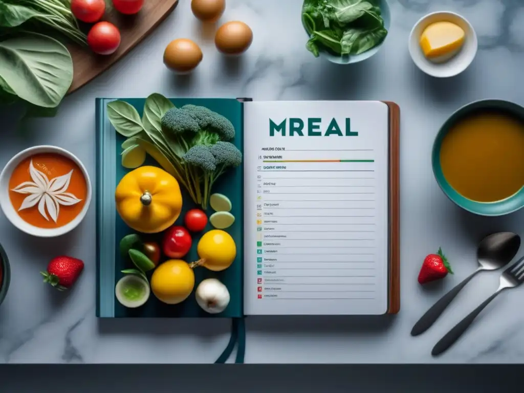 Revista de planificación de comidas: detalle y frescura en nutrición Un diario de planificación de comidas moderno y detallado en un elegante mostrador de mármol