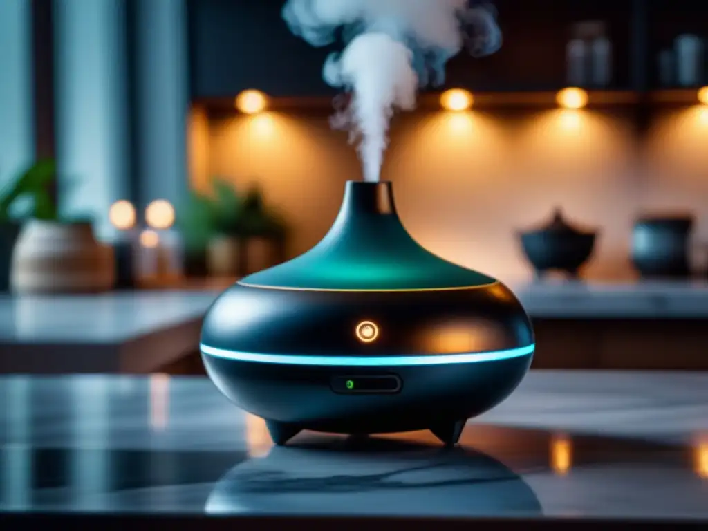 Difusor de aceites esenciales en mármol, emitiendo calma y bienestar Un difusor de aceites esenciales en un elegante diseño sobre una encimera de mármol, integrando aromas en el hogar