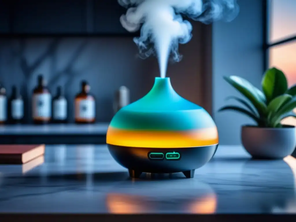 Difusor de aceites esenciales: ambiente sereno y moderno Un difusor de aceites esenciales en un elegante salón moderno, creando una atmósfera relajante