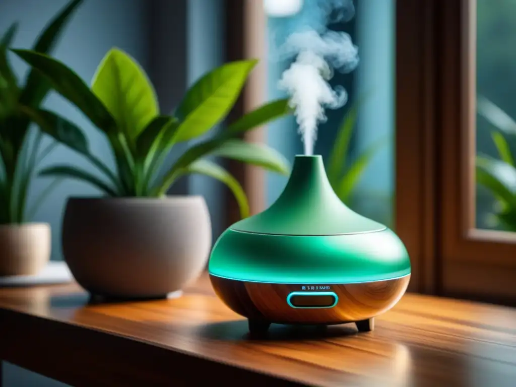 Diffusor de aceites esenciales: elegancia y serenidad en tu hogar Un difusor de aceites esenciales personalizados brinda serenidad en un elegante salón, con luz natural y plantas verdes