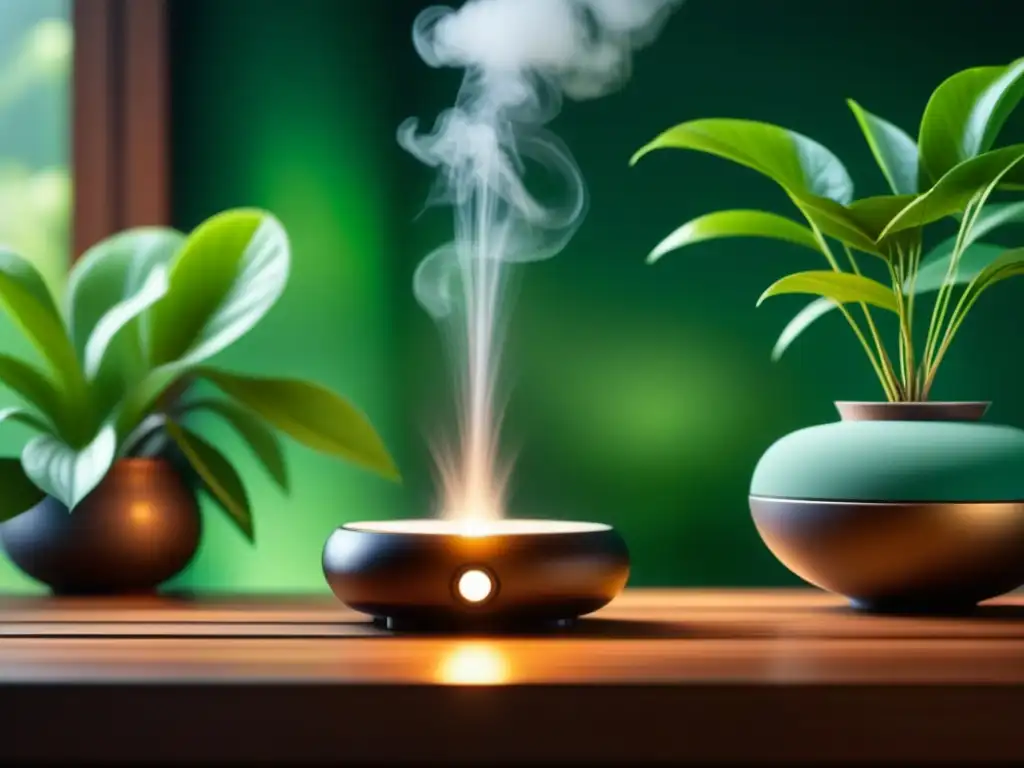 Serenidad y relajación en spa minimalista con difusor de aromas Difusor de aromas ecológicos en spa sereno con plantas verdes y luz ambiental suave, invita a la relajación y calma