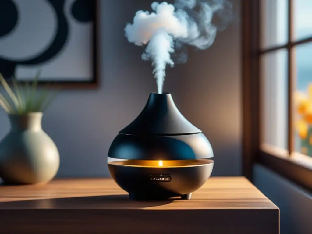 Diffusor de aromaterapia: elegancia en negro mate Un difusor de aromaterapia en elegante cerámica negra, liberando suavemente aceites esenciales en una habitación serena y soleada