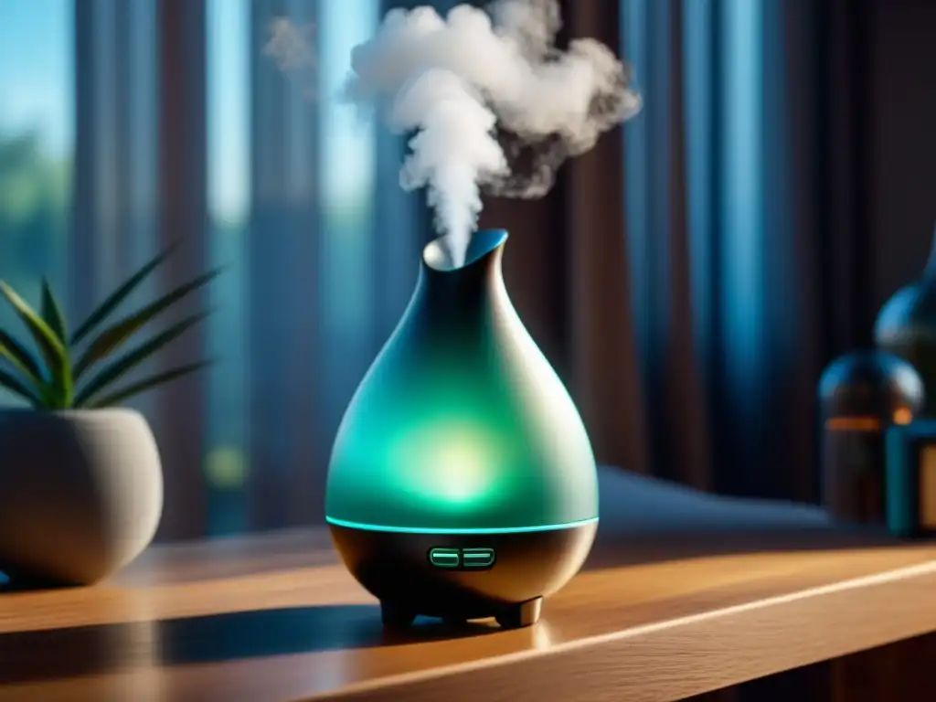 Difusor de aromaterapia moderno en ambiente sereno Un difusor de aromaterapia moderno crea un ambiente sereno con productos de aromaterapia para relajación
