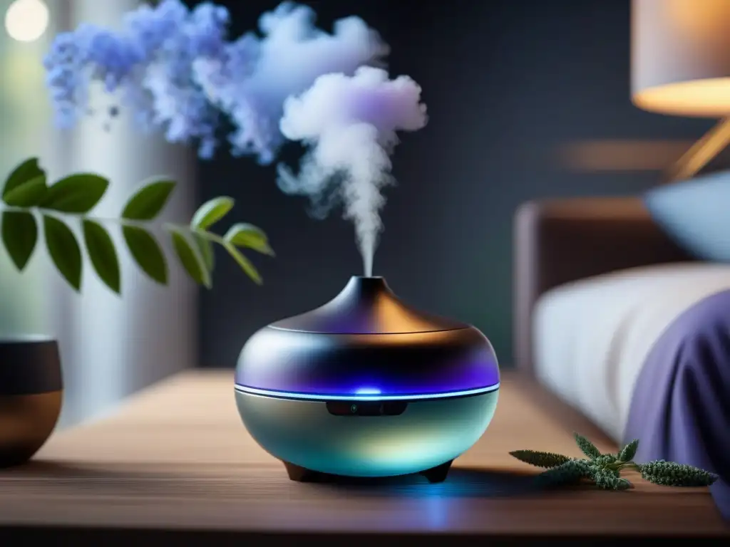 Un difusor moderno en un espacio sereno emitiendo una neblina de aceite esencial relajante