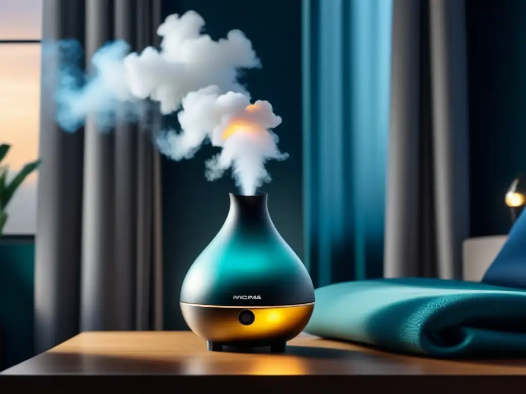 Difusor moderno liberando aroma en ambiente sereno Un difusor moderno libera una sutil niebla aromática en una habitación tranquila y monocromática