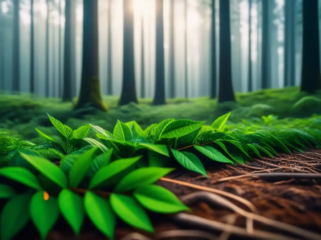 Bosque verde sereno: oasis de tranquilidad Difusores aromas ecológicos para relajación: Un bosque verde exuberante iluminado por el sol, transmitiendo calma y serenidad
