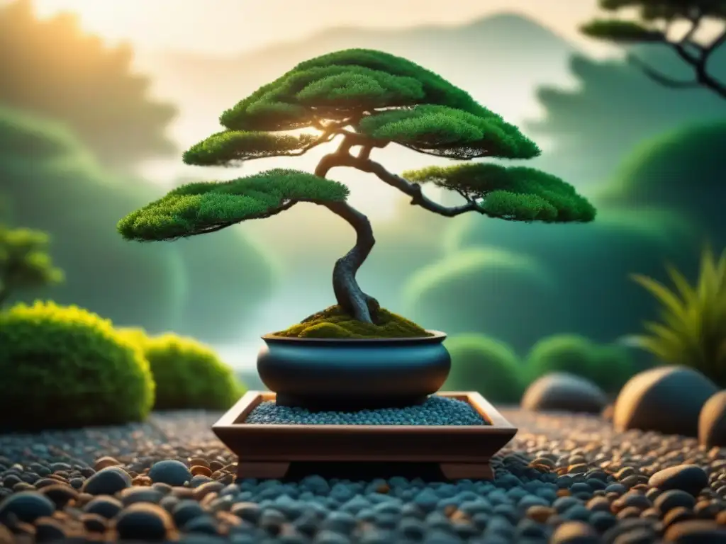 Jardín Zen: armonía y tranquilidad Difusores aromas ecológicos para relajación: Jardín Zen sereno con bonsái, farol de piedra y grava cuidadosamente rastrillada