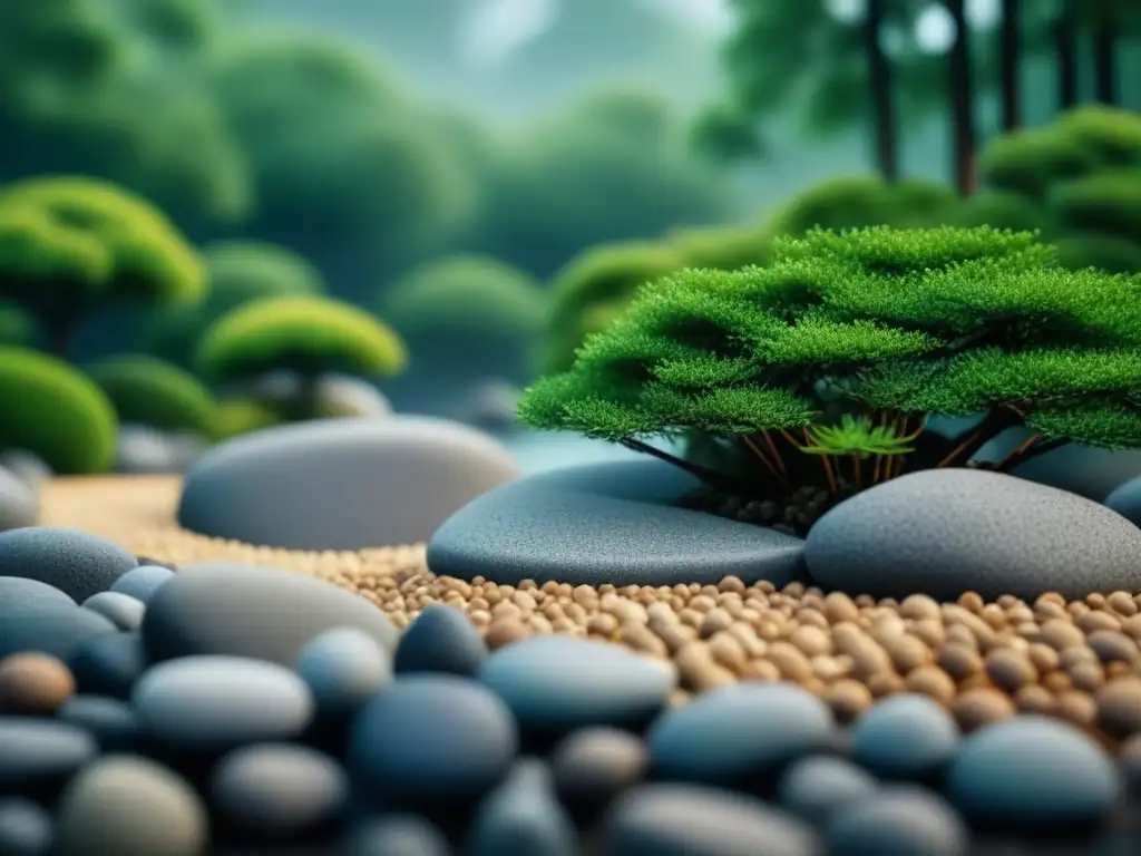 Un jardín Zen meticulosamente diseñado para relajación en casa con gravilla, rocas y bonsáis
