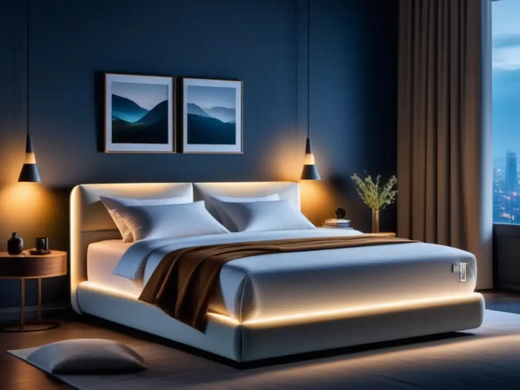 Diseño de Cama Inteligente: Elegancia y Tecnología Un diseño de Smart Bed elegante y minimalista, iluminado con LED suave, invita al descanso en una habitación moderna
