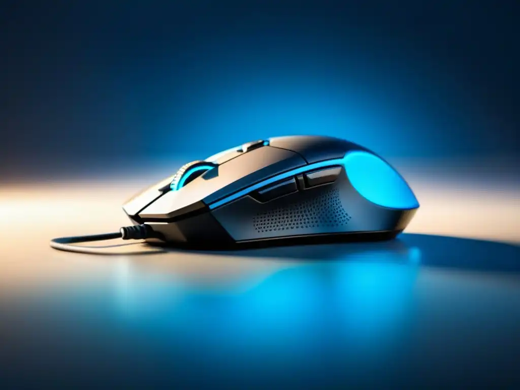 Mouse ergonómico futurista con diseño escultural y luz azul suave Un diseño ergonómico y futurista en negro mate para un ratón iluminado en azul