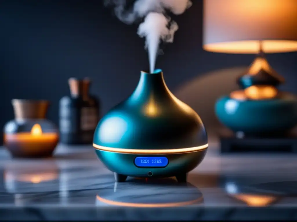 Difusor de aceites esenciales: elegancia aromática en tu hogar Aromaterapia en diseño de interiores: Un difusor de aceites esenciales emite un suave y colorido vapor en una elegante sala minimalista