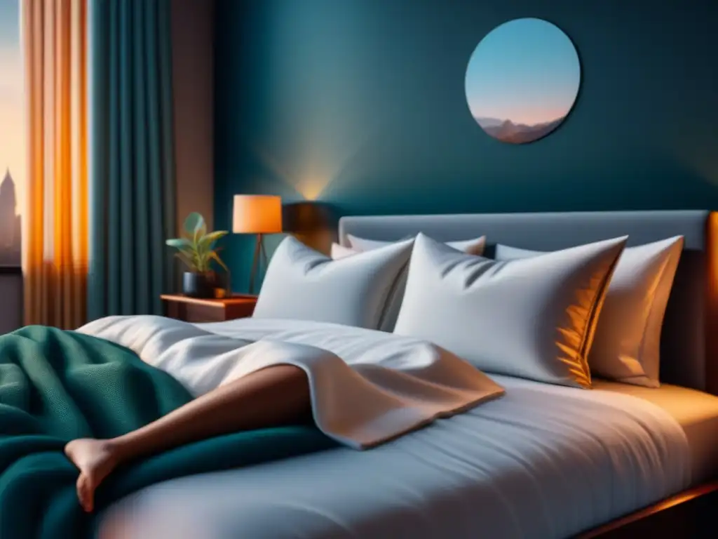 Diseño de interiores para un hogar relajante con cama acogedora, elementos decorativos y ventana iluminada