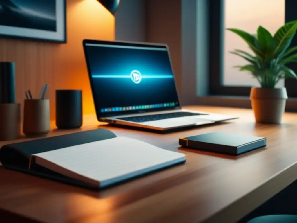 Escritorio minimalista para trabajo eficiente Diseño minimalista de escritorio con laptop moderna, cuaderno organizado, portalápices elegante y planta en maceta