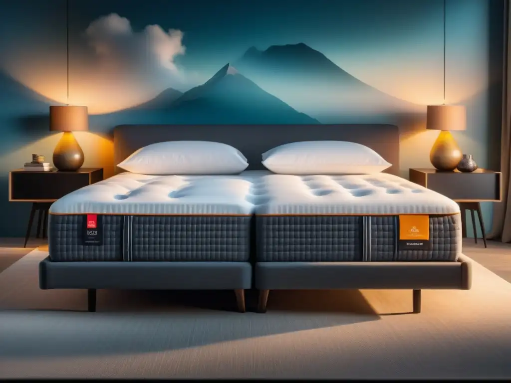 Colchón kingsize personalizado para parejas: lujo y confort Un diseño minimalista de una lujosa cama king size con colchón dividido, ideal para parejas con preferencias de firmeza personalizadas