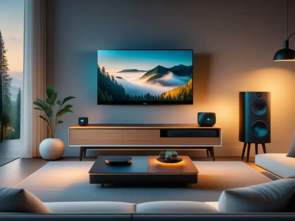 Diseño moderno y sonido integrado en sala minimalista con vista relajante
