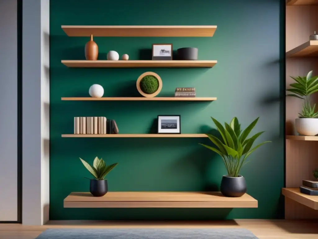 Estantería minimalista: organización y estilo en sala pequeña Diseño organizado y funcional en casa con estantería de madera, libros y plantas