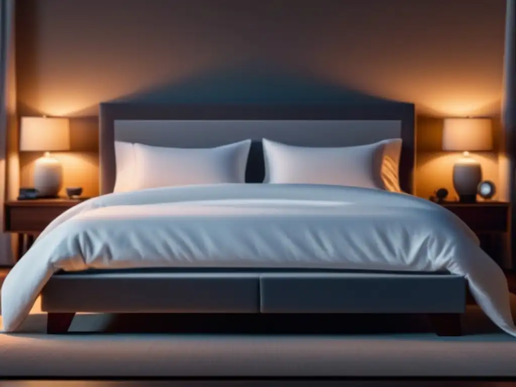 Suite moderna para un sueño profundo y reparador Diseño de recámaras para relax: Dormitorio minimalista con cama moderna, sábanas blancas, accesorios de sueño tecnológicos y luz natural suave