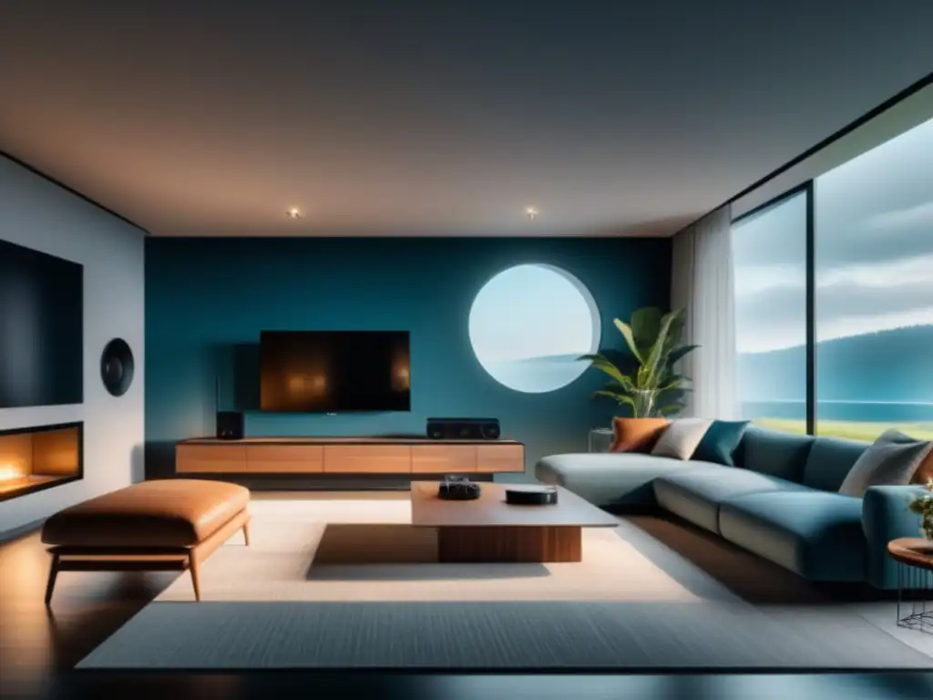 Diseño de sonido para hogar: sala moderna, minimalista y relajante con sistema integrado de alta calidad y ambiente acogedor