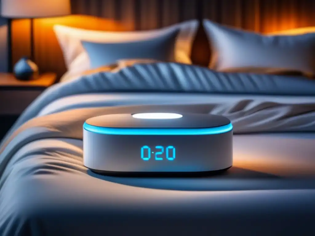 Máquina de ruido blanco elegante para dormir Dispositivo de bienestar para el hogar del 2023: máquina de ruido blanco minimalista con luz LED suave en un dormitorio moderno