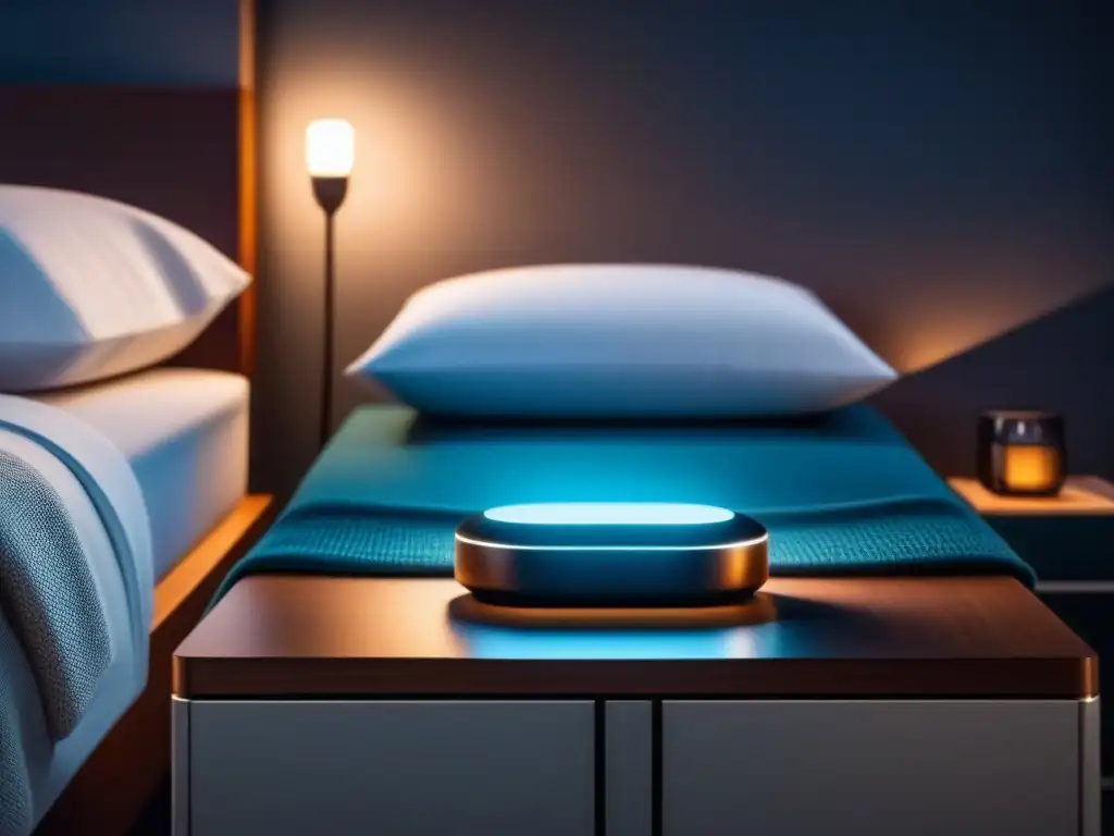 Dispositivo de monitoreo del sueño en dormitorio minimalista Dispositivo de monitoreo del sueño en moderna habitación nocturna, transmitiendo calma y esperanza a quienes sufren de insomnio