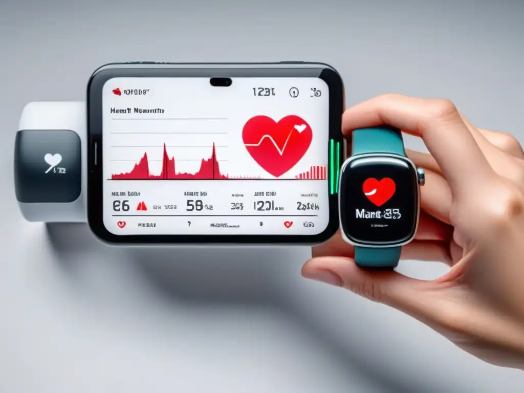Monitor cardíaco y app de salud: tecnología elegante y precisa Dos dispositivos modernos: un monitor de ritmo cardíaco y una app de salud en un fondo blanco