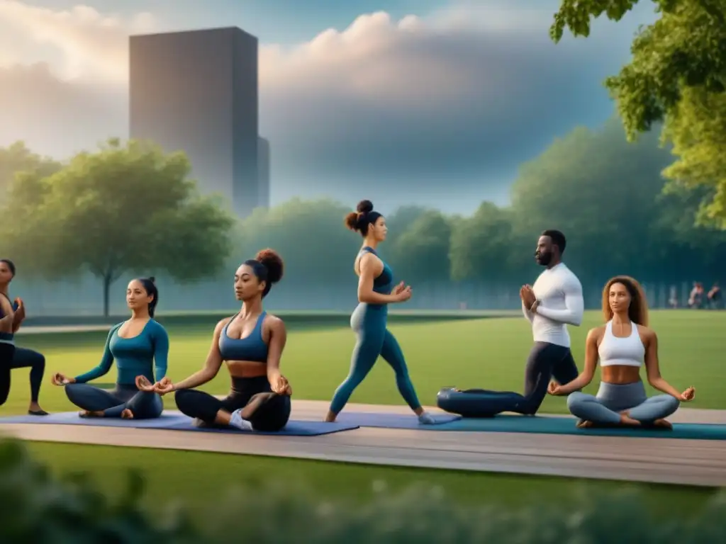 Diversidad y bienestar: grupo variado practica yoga, corre y medita en parque urbano