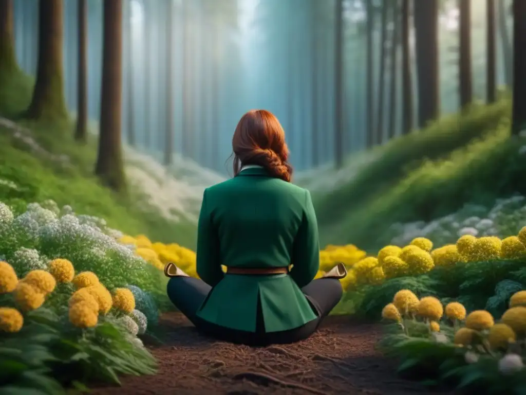 Serena meditación en el bosque verde Meditación para aliviar dolor crónico: Persona serena en un bosque verde, rodeada de flores y arroyos, irradiando paz y tranquilidad