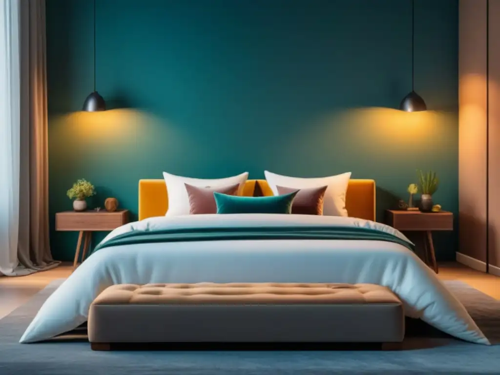 Dormitorio acogedor: serenidad y confort Un dormitorio acogedor con iluminación suave y una cama bien hecha, ideal para 'Comidas para dormir mejor en casa'