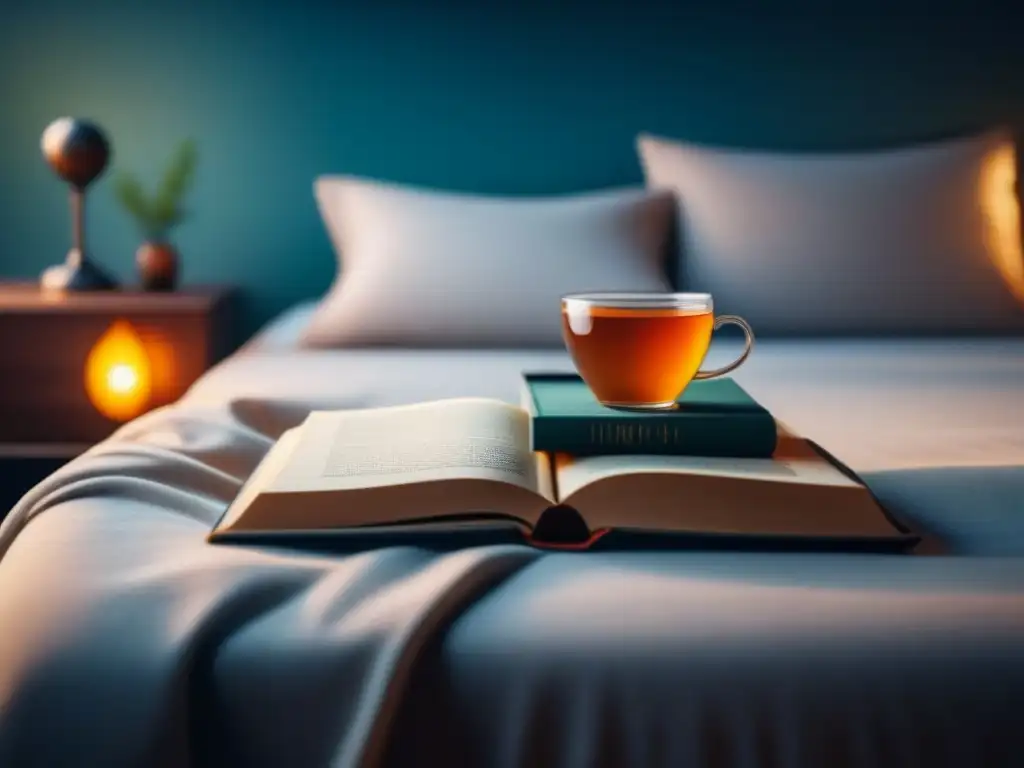 Refugio nocturno: cama acogedora, luz suave y relax total Un dormitorio acogedor iluminado suavemente, con una cama confortable, almohadas suaves, manta cálida, mesa de noche con libro y té
