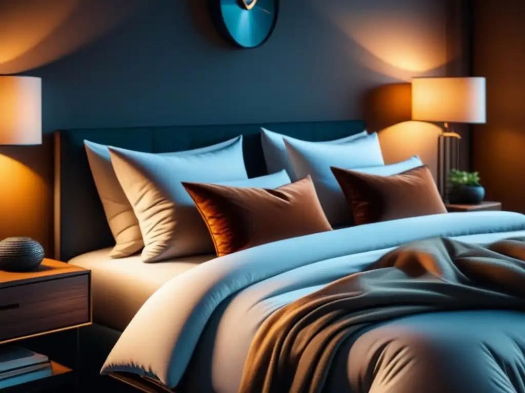 Dormitorio acogedor: cálida serenidad para un descanso reparador Un dormitorio acogedor iluminado por una lámpara de noche, con una cama hecha y tonos cálidos