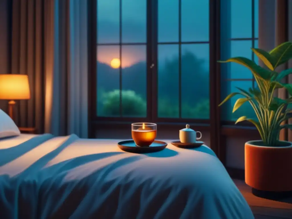 Acogedor dormitorio con plantas y té herbal para relajarte Un dormitorio acogedor iluminado suavemente, con plantas relajantes y una taza de té herbal
