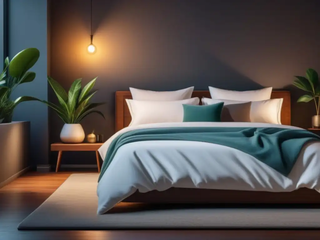 Acogedora habitación minimalista para un sueño reparador Un dormitorio acogedor y tranquilo de noche, con iluminación cálida, cama hecha, lámpara tenue y música para dormir profundamente