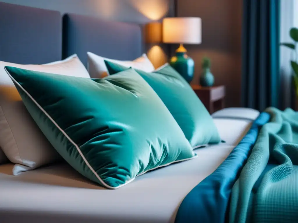 Serena habitación con cojín de aromaterapia: lujo y tranquilidad Un dormitorio bellamente diseñado con una almohada aromaterapia lujosa, creando una atmósfera de relajación en el hogar