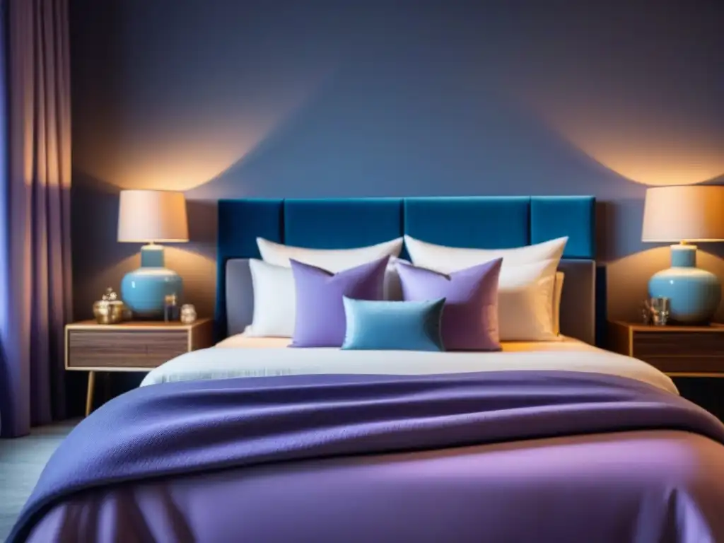 Dormitorio elegante en tonos lavanda y azul, con luz suave y relajante Un dormitorio elegante con iluminación suave y paredes en tonos relajantes de lavanda y azul claro
